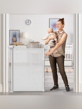 NEW -Retractable Gate 55" Wide Mesh Dog Gate Indoor, 33 Tall Child Gate